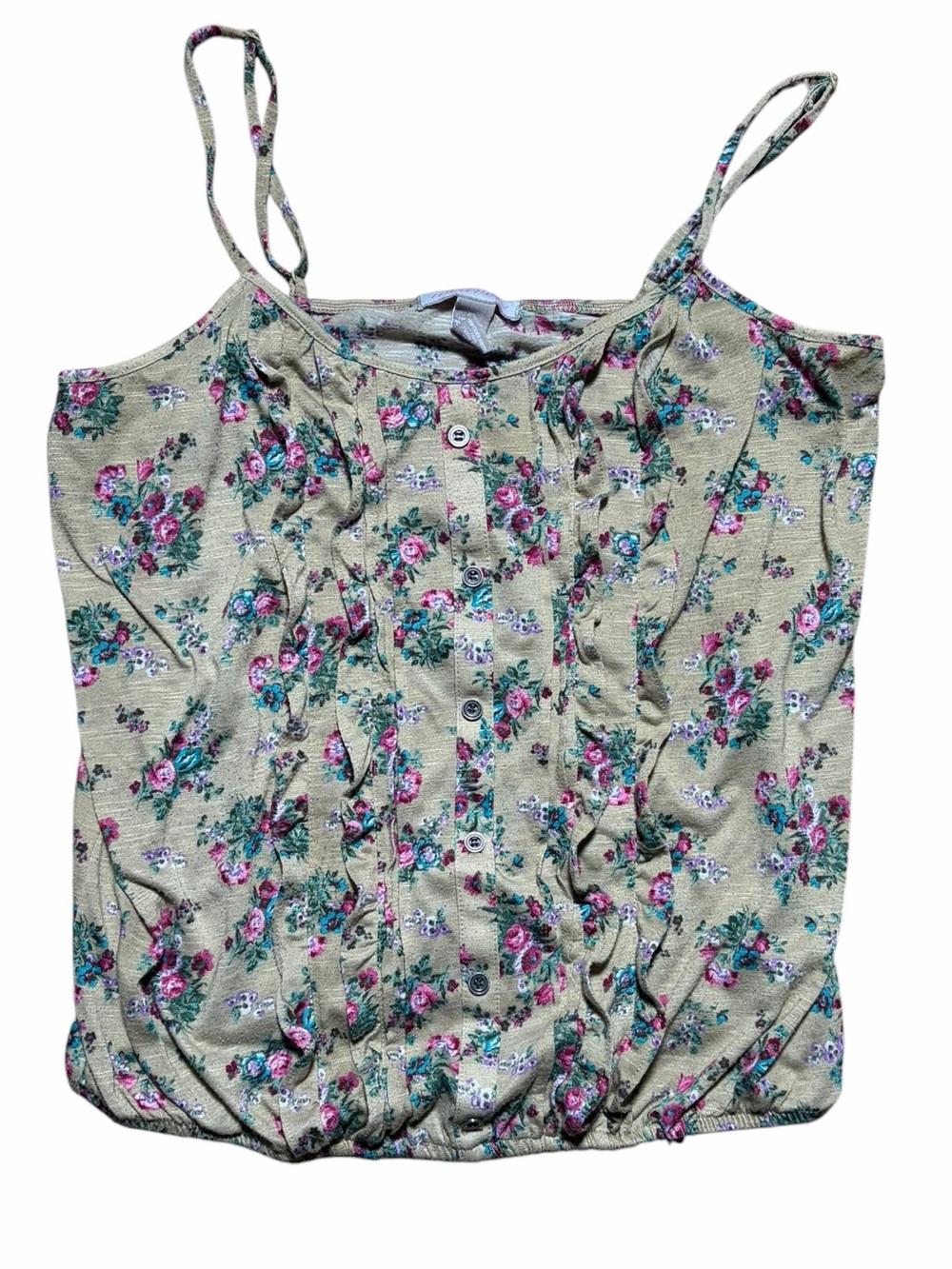 Floral Print Spaghetti Strap Tank Top - Beige with Pink Flowers- Straight 2000’s